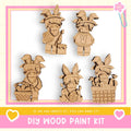 The image is a collage of five wooden Easter bunny figures, each with unique poses and accessories, presented in a DIY wood paint kit.