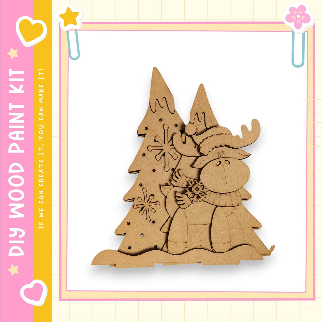 A wooden Christmas tree decoration with a moose figure wearing a scarf and hat, set against a white background.