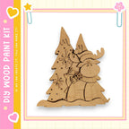 A wooden Christmas tree decoration with a moose figure wearing a scarf and hat, set against a white background.