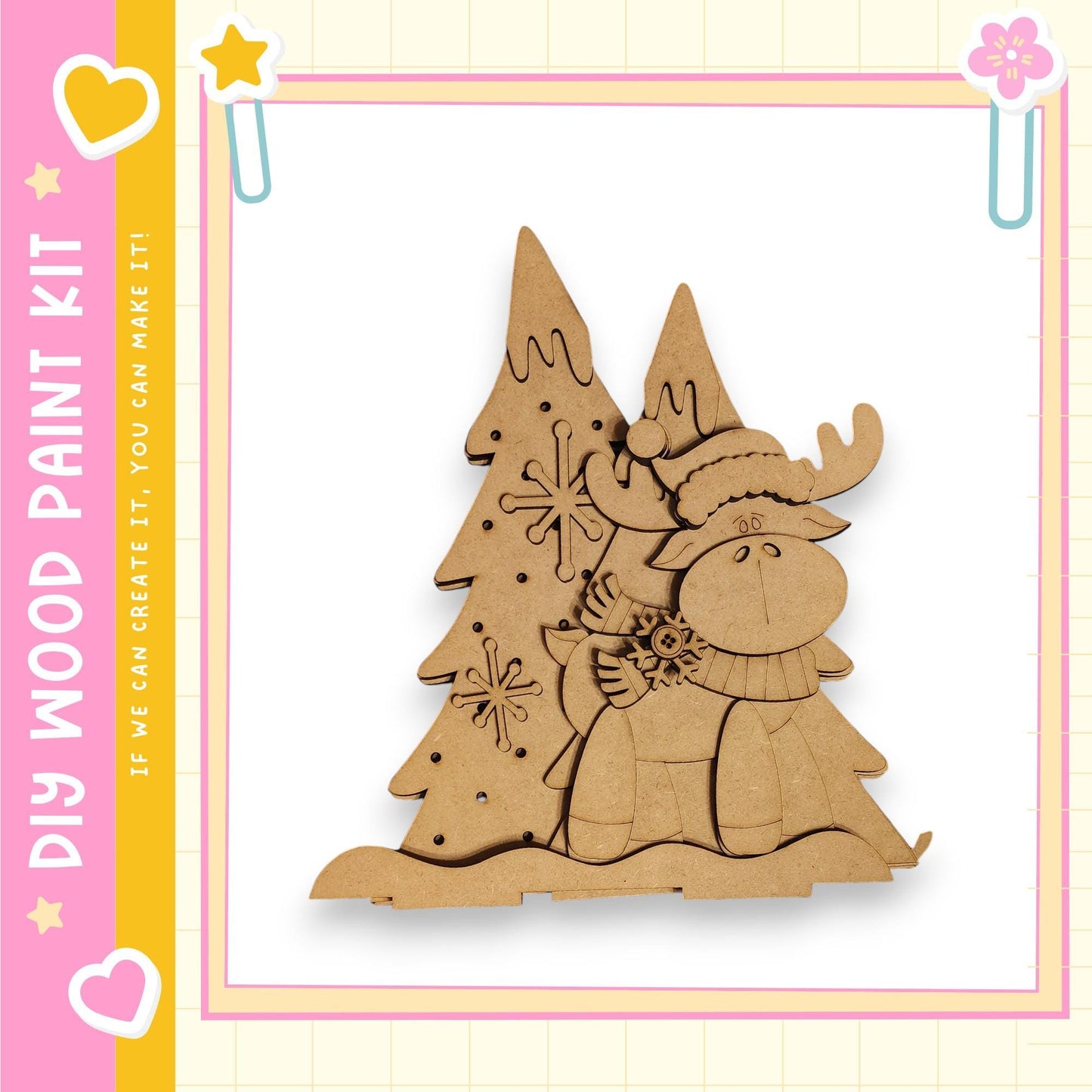 A wooden Christmas tree decoration with a moose figure wearing a scarf and hat, set against a white background.