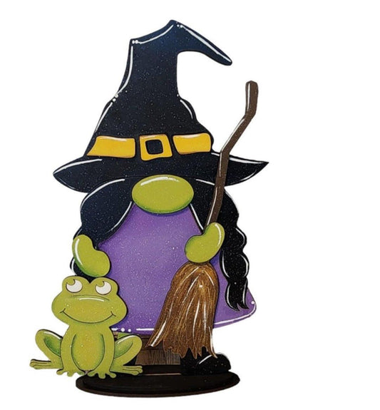 Halloween Frankenstein Gnome Decor handpainted with her Frog and Broom - RusticFarmhouseDecor