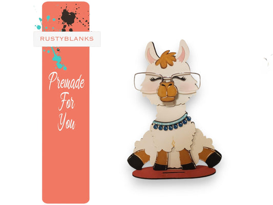Handpainted Standing Llama Eyeglass Holder with Blue Wooden Necklace - RusticFarmhouseDecor