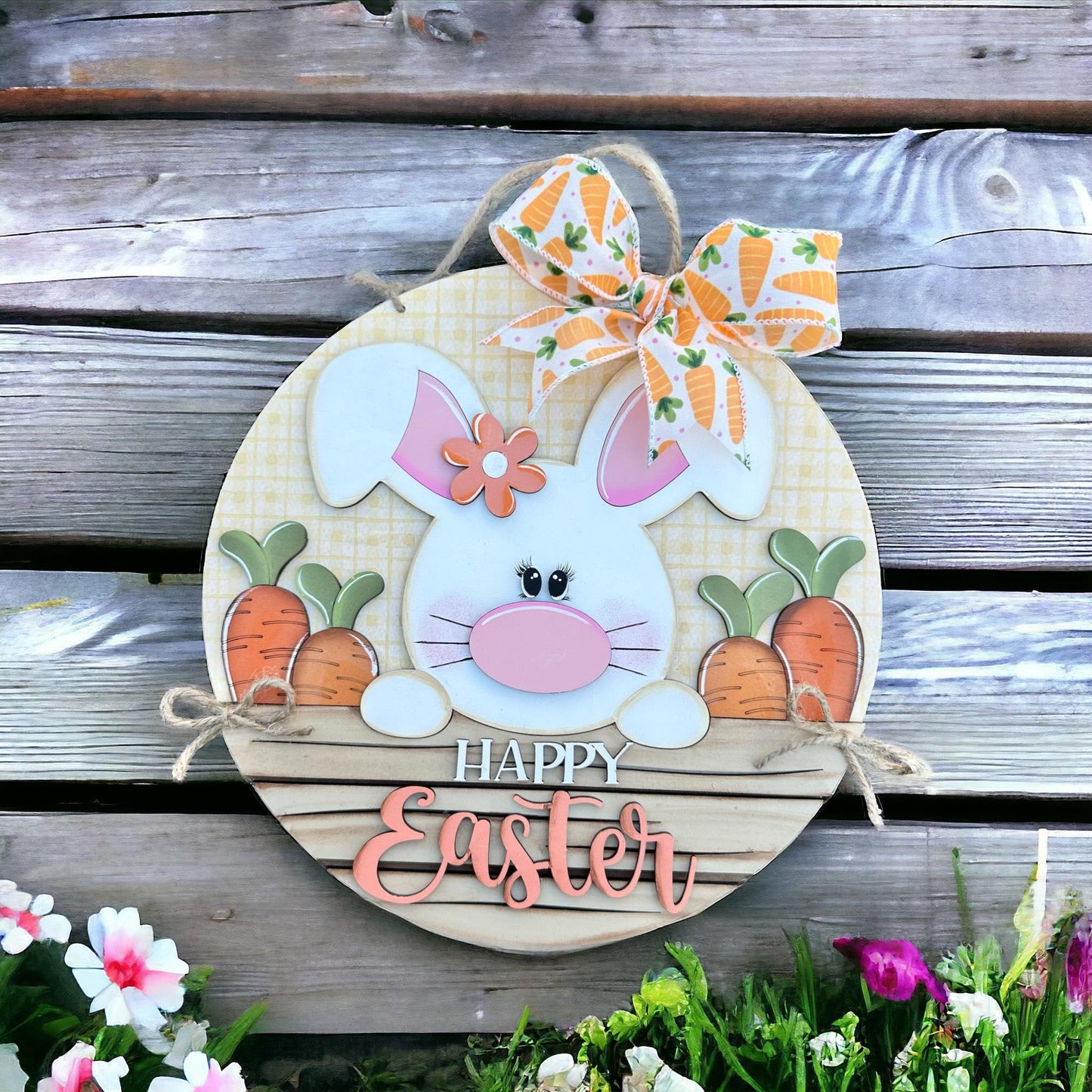 Happy Easter Bunny DIY and Carrots Door Hanger - Wood Blanks for Crafting - RusticFarmhouseDecor