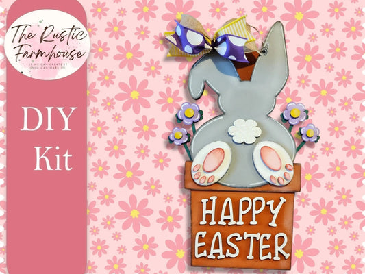 Happy Easter Bunny Door Hanger, Unfinished DIY Wood Kit, Blanks to Decorate Home Decor, DIY Bunny Butt Door Hanger - RusticFarmhouseDecor