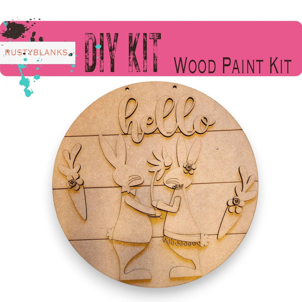 Hello Spring Bunnies DIY Door Hanger - Wood Blanks for Crafting - RusticFarmhouseDecor