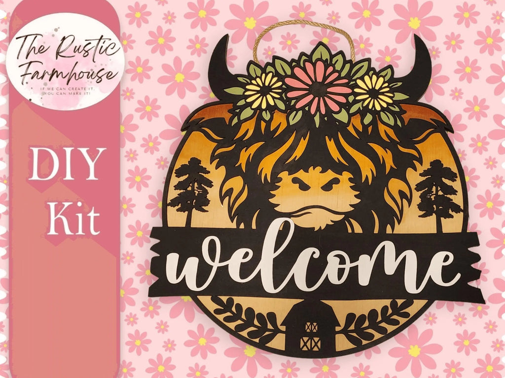 Highland Cow Door Hanger DIY, Welcome Sign, Cow Head, Farmhouse Front Porch - RusticFarmhouseDecor