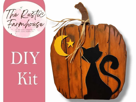 Rustic Pumpkin with Black Cat Chunky Shelf Sitter, Fall Mantle Decor, Fall Pumpkin Home Decor Halloween Black Cat Decor RusticFarmhouseDecor