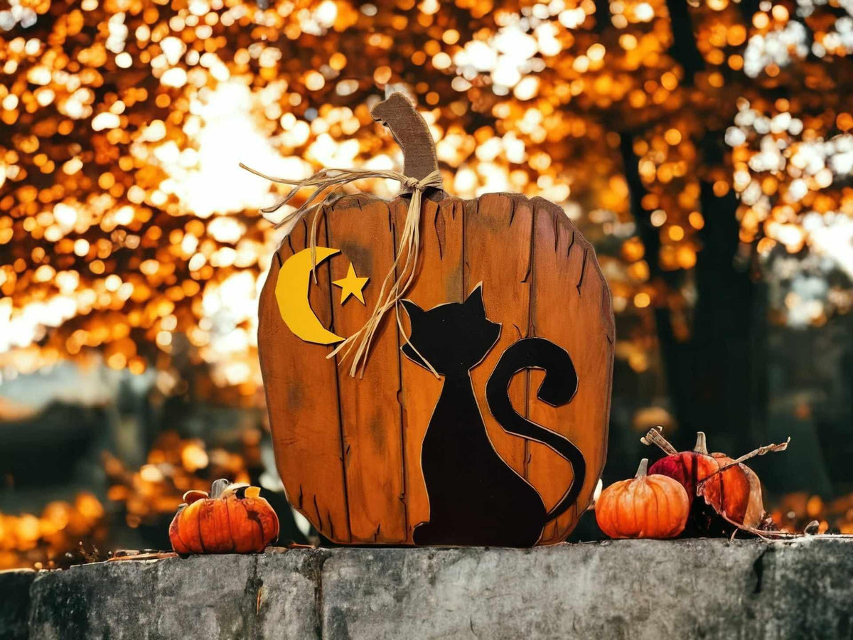 Rustic Pumpkin with Black Cat Chunky Shelf Sitter,  Fall Mantle Decor, Fall Pumpkin Home Decor Halloween Black Cat Decor RusticFarmhouseDecor