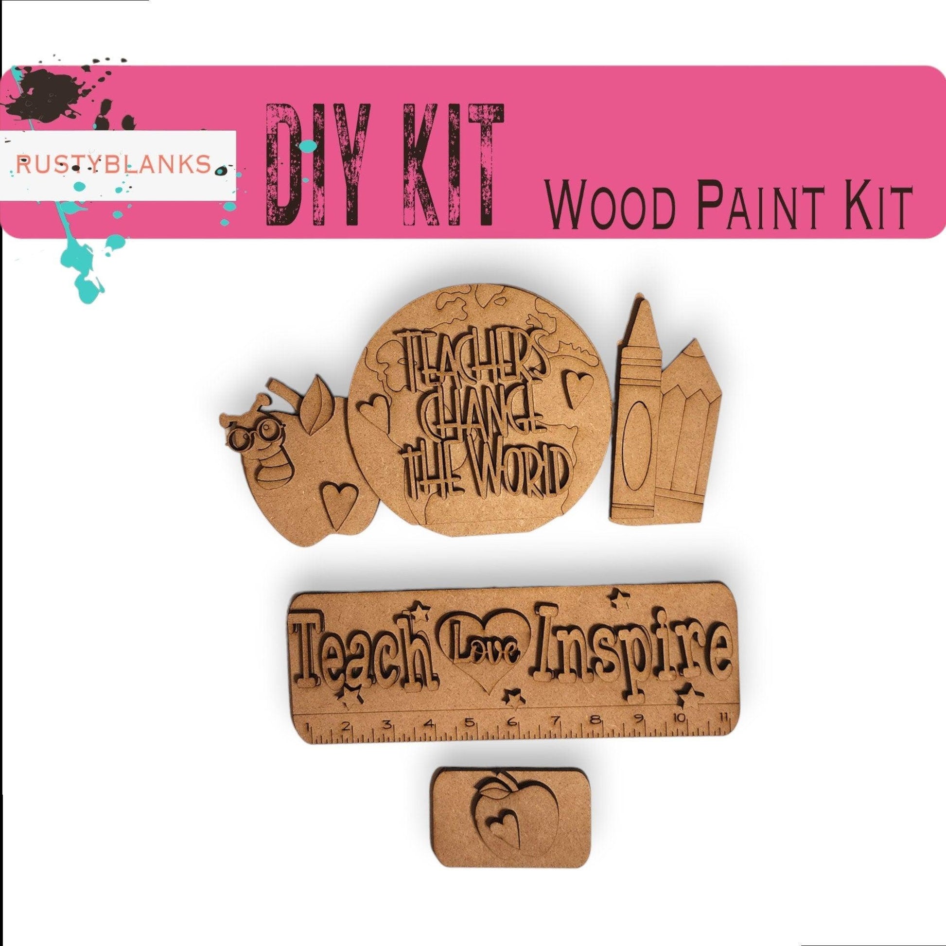 a wooden craft kit with a ruler, pencil, and eraser