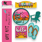 a collage of a beach scene with flip flops, a chair, and