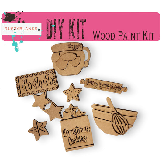 a wooden craft kit with christmas decorations