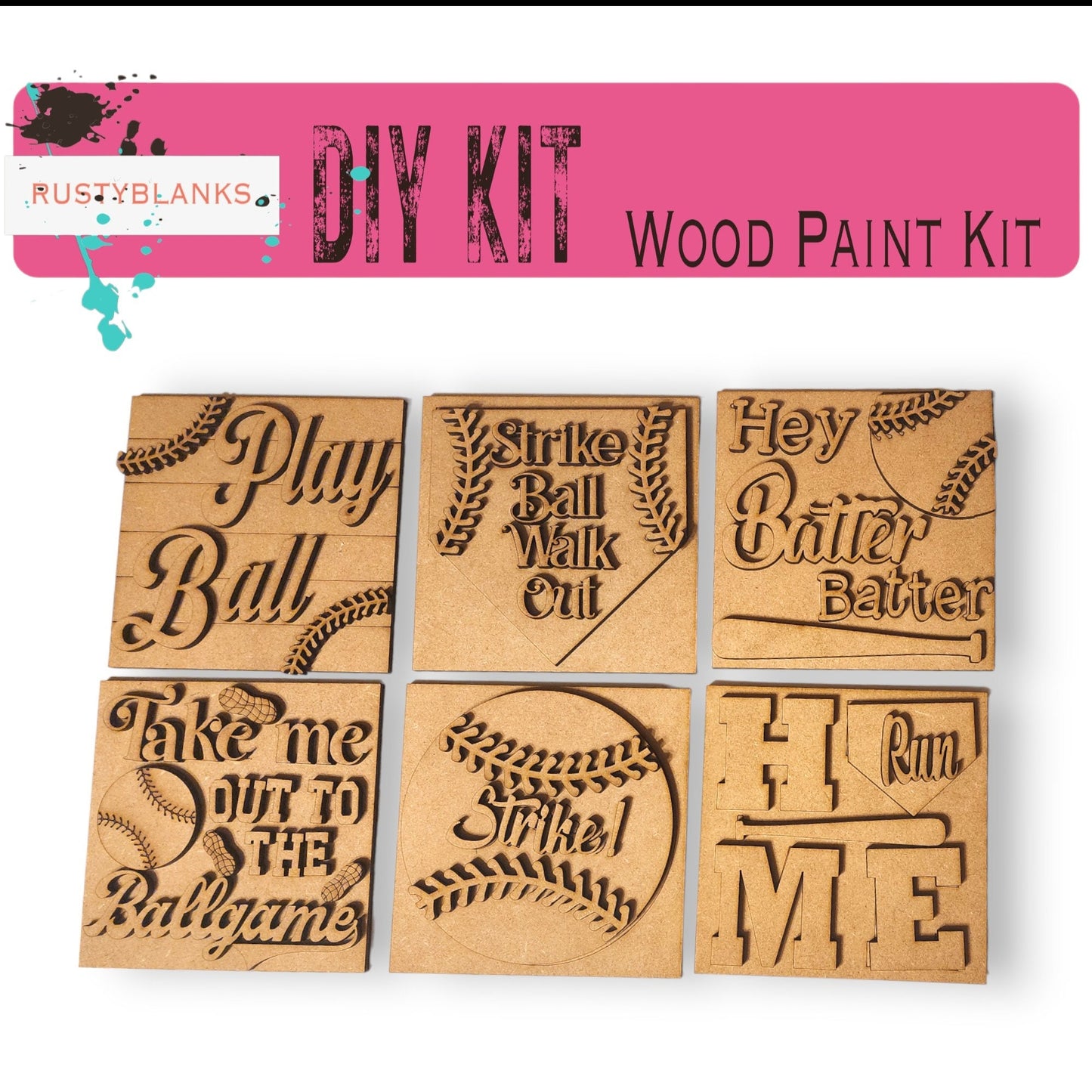 a set of four wooden stamps with words on them