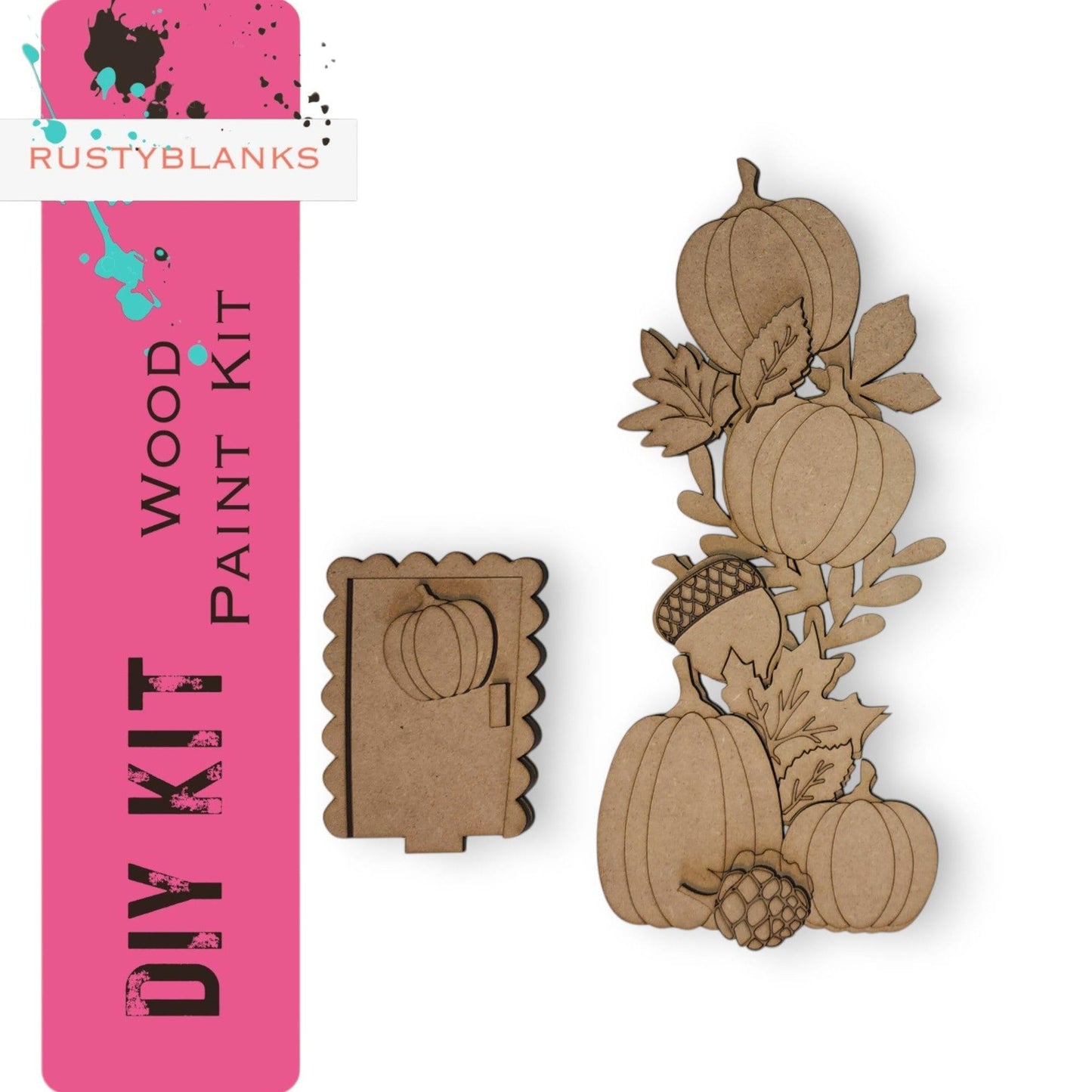 a wooden cutout of pumpkins and acorns