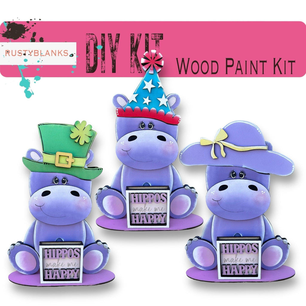 three purple hippos with a green hat on their heads