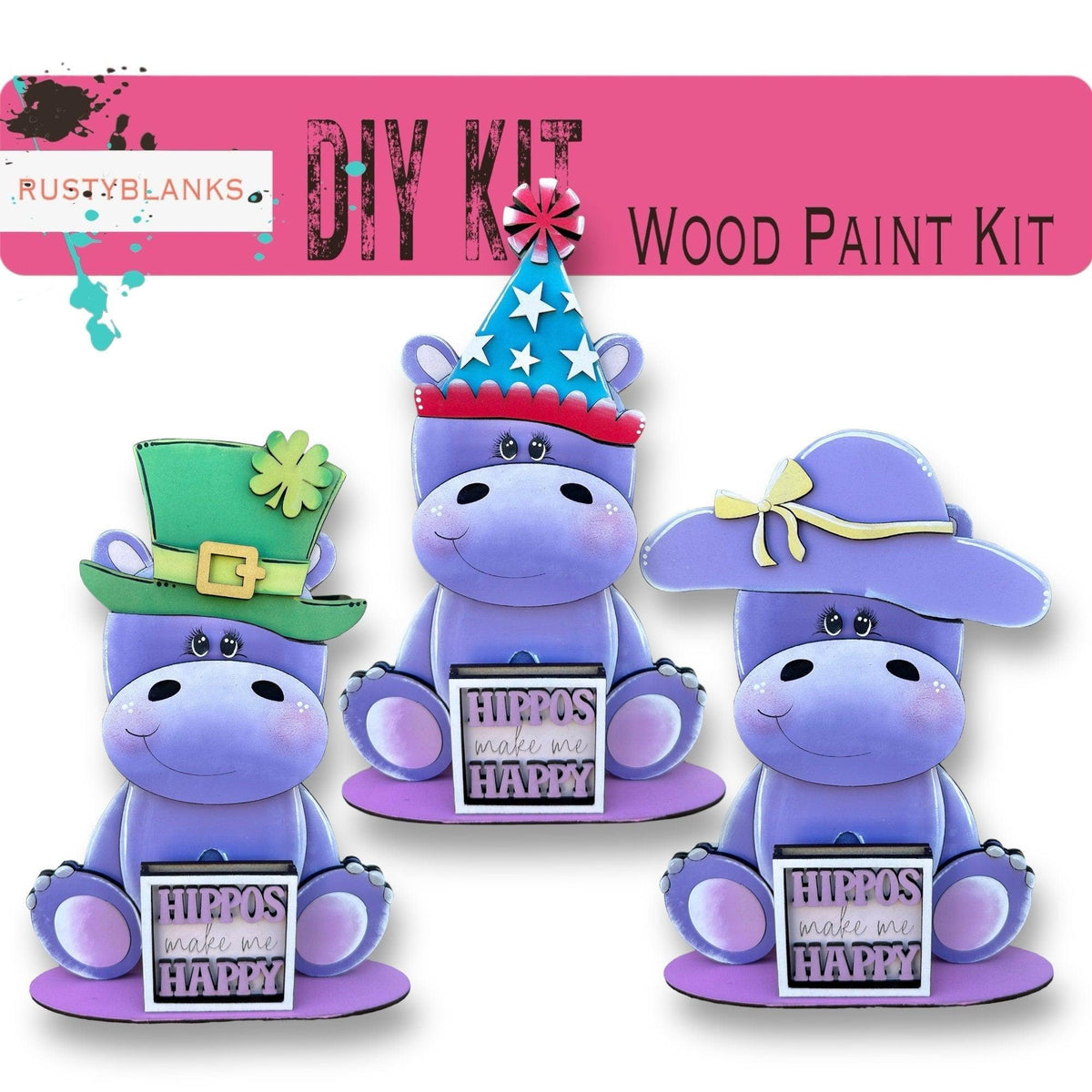 three purple hippos with a green hat on their heads