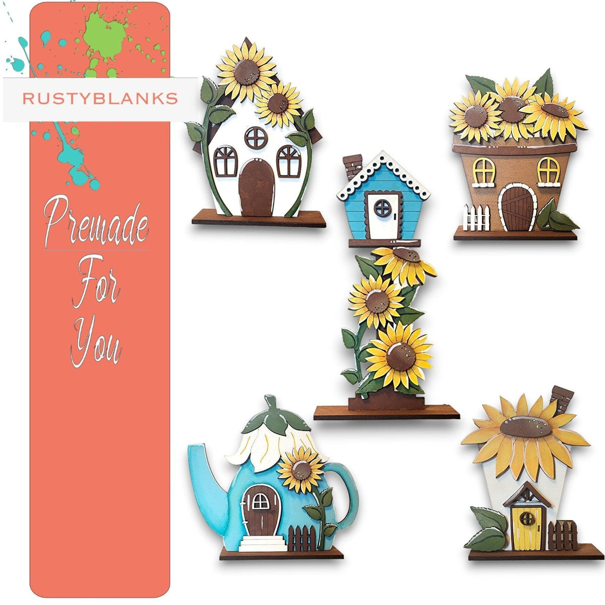 Standing Sunflower Cottage Houses Shelf Sitters Painted RusticFarmhouseDecor