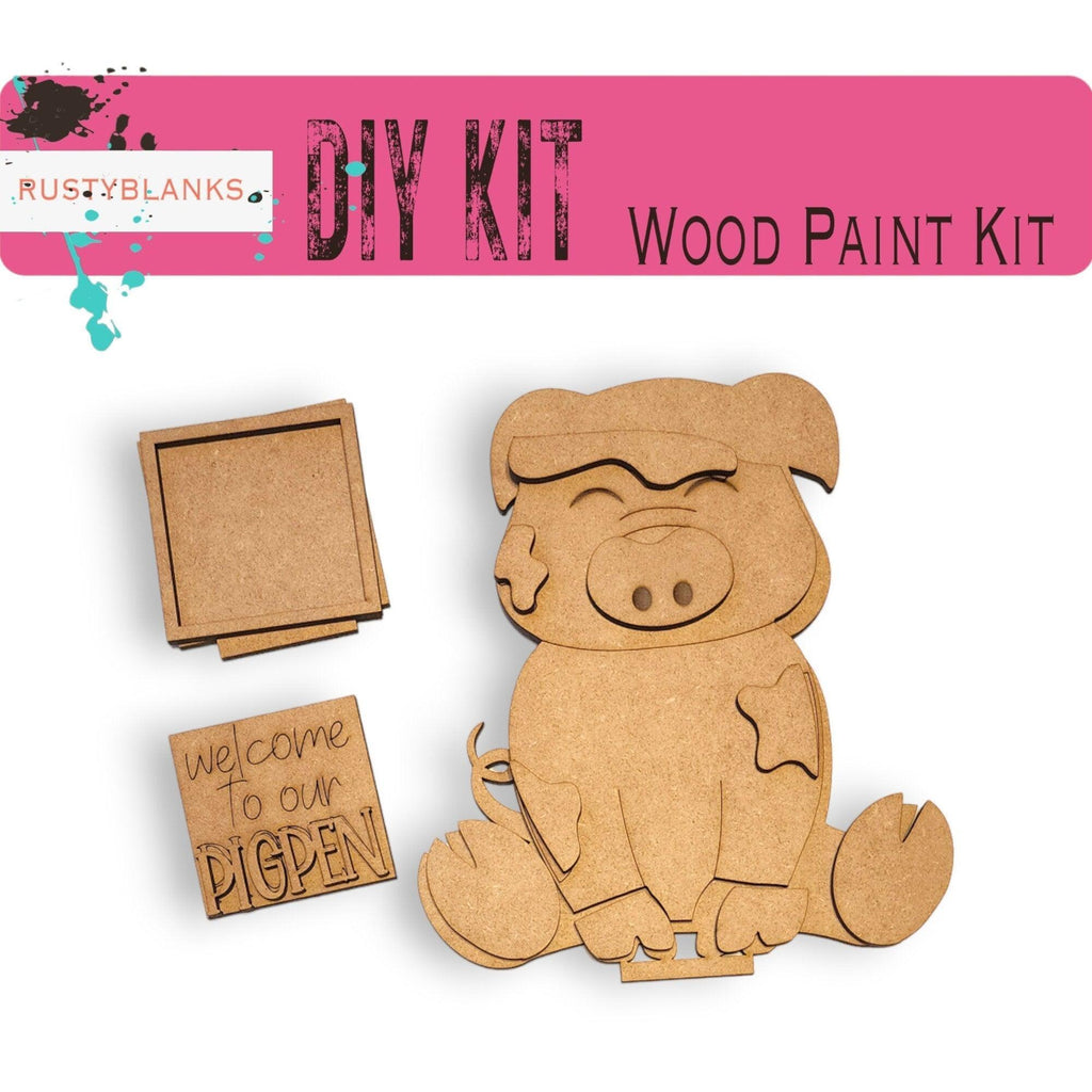 a wooden cutout of a pig sitting next to a sign