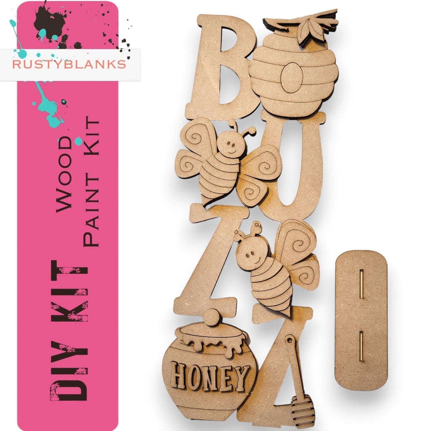 a wooden cutout of the letters and numbers for honey