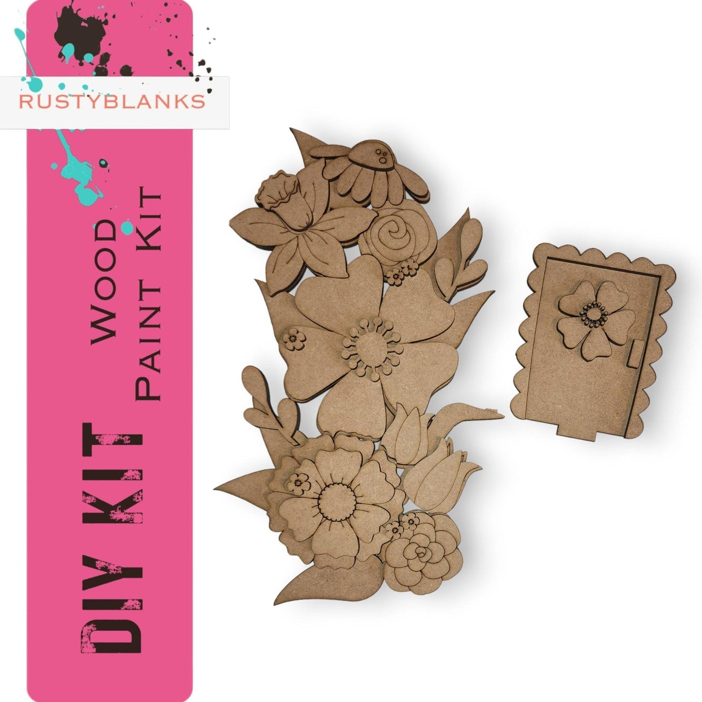 a wooden cutout of flowers and a picture frame