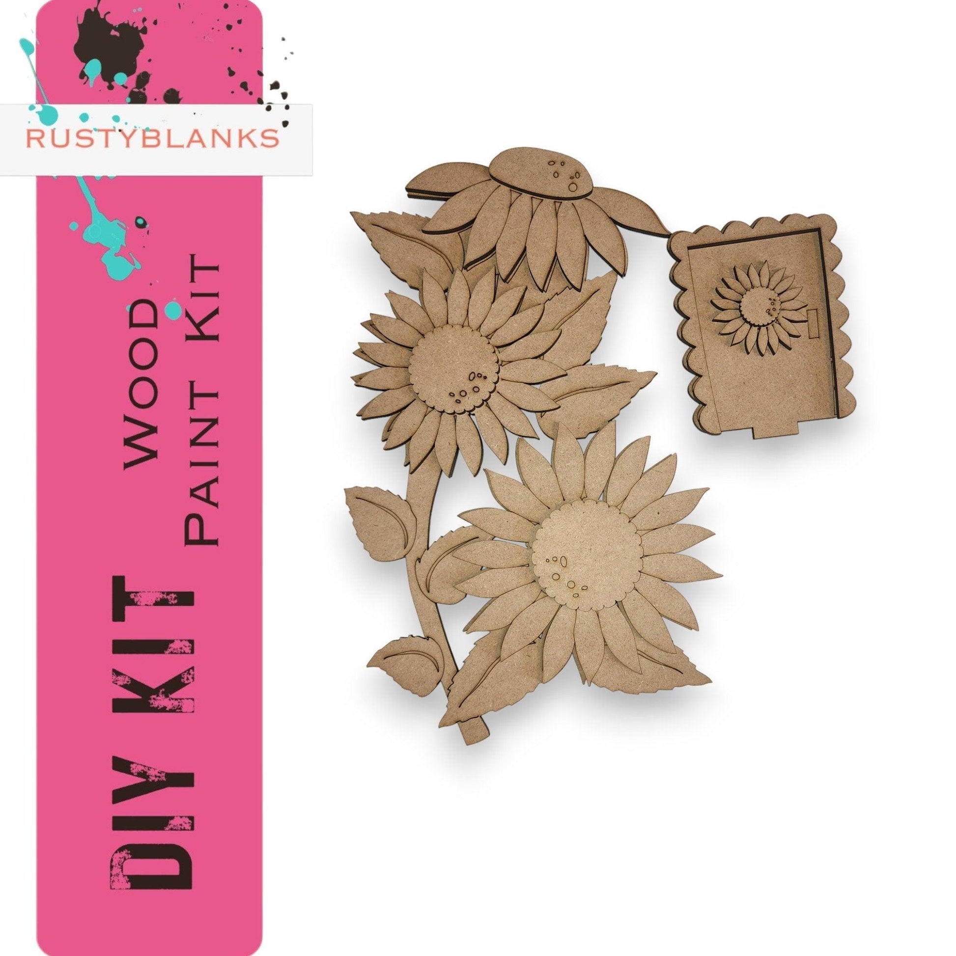 a wooden cutout of sunflowers with a pink background