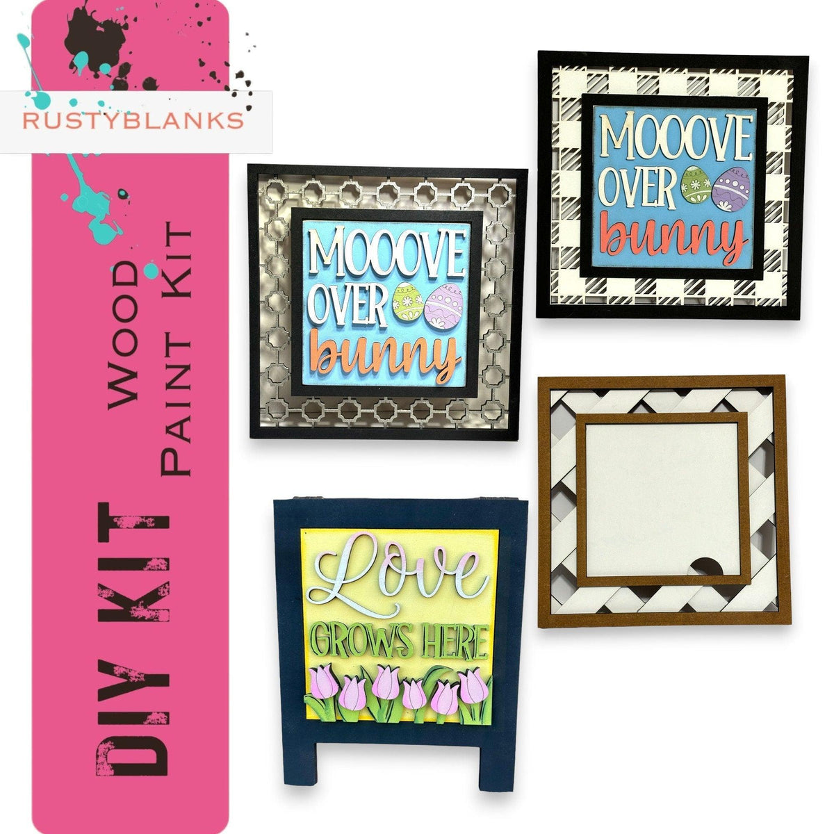 a group of four framed pictures on a wall