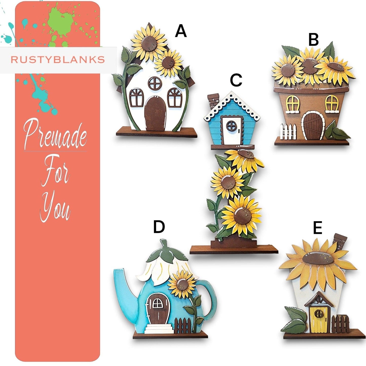 Standing Sunflower Cottage Houses Shelf Sitters Painted