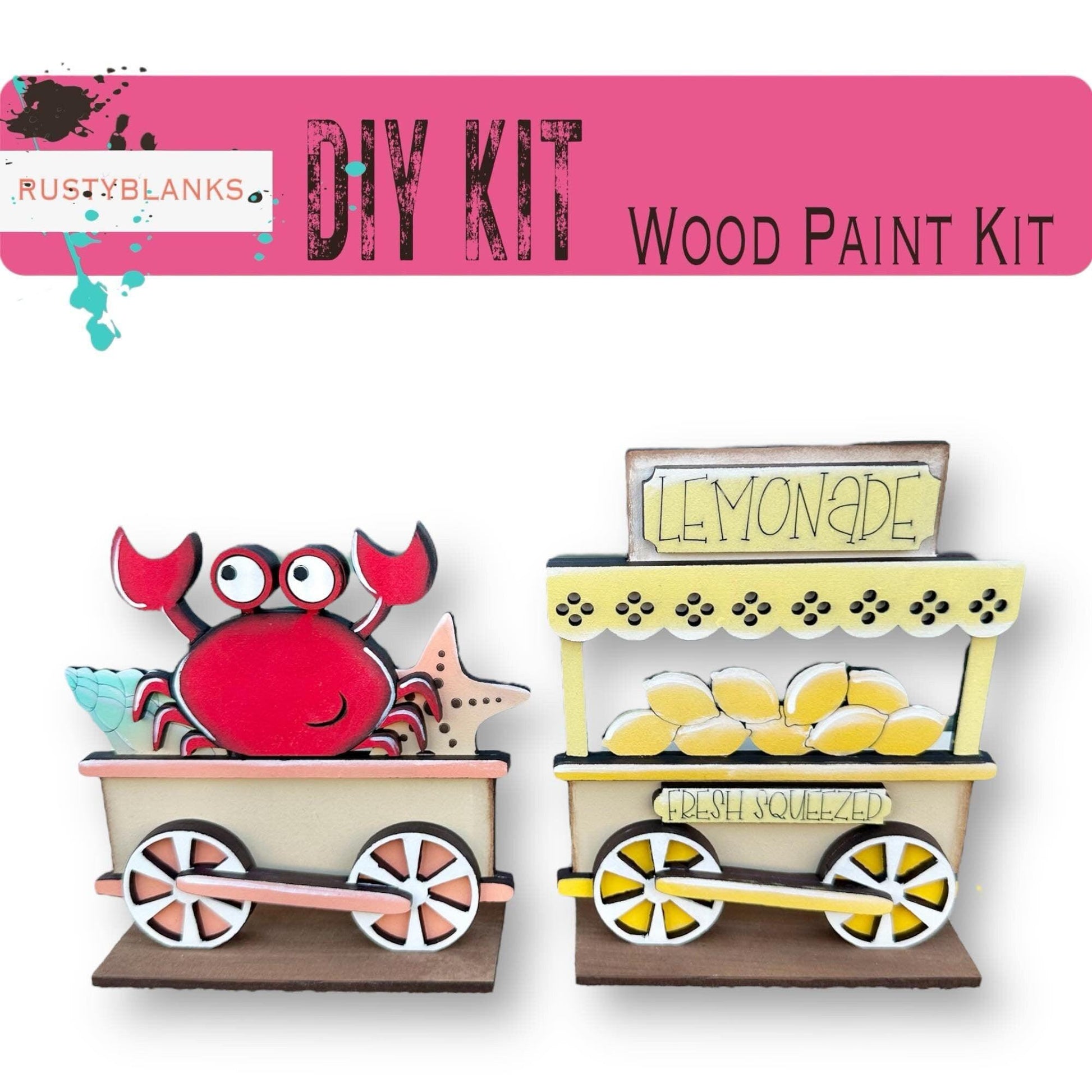 a picture of a wooden paint kit with a crab in a wagon