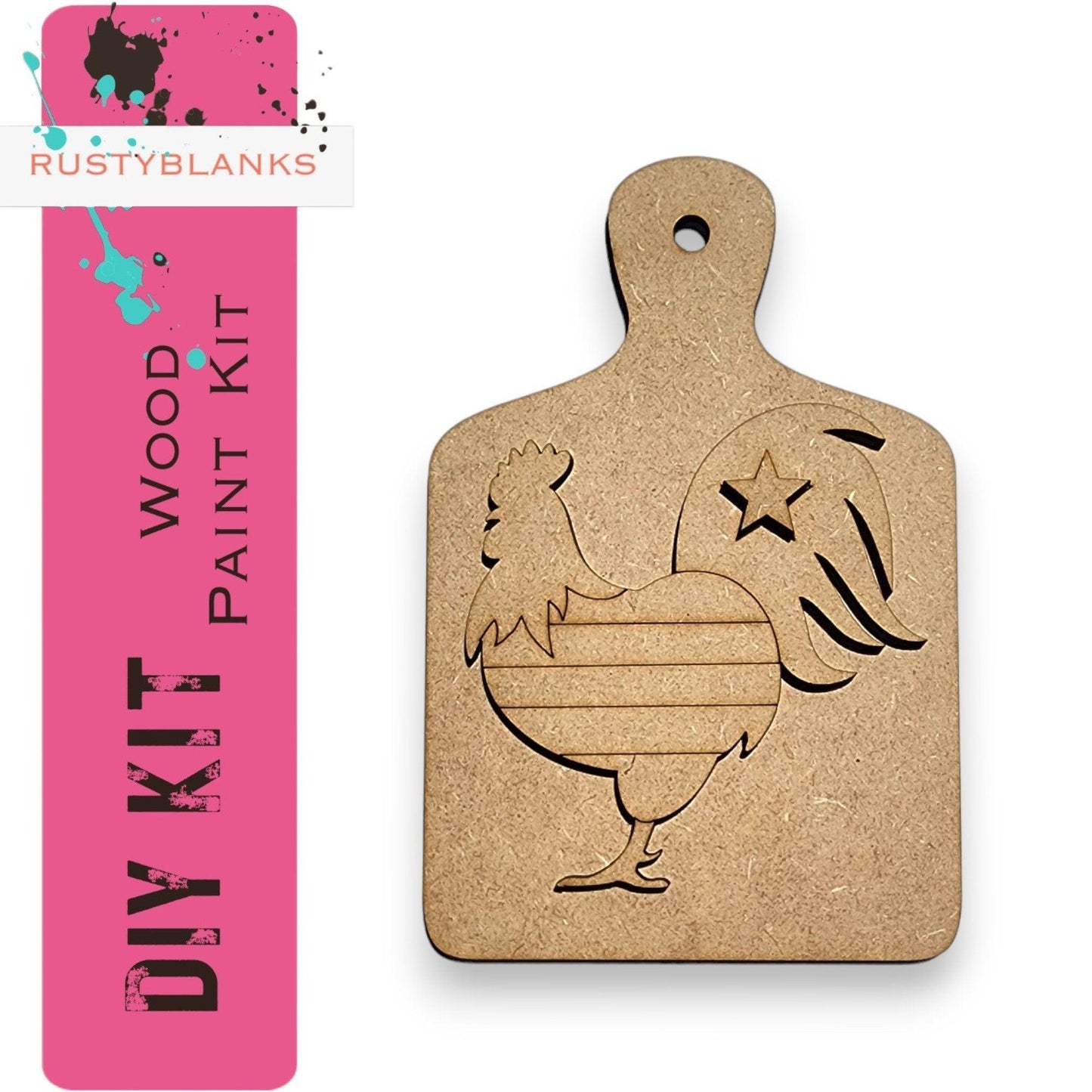 a wooden dog tag with a picture of a chicken on it