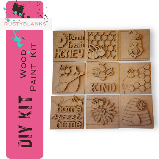 a set of four wooden stamps with words and animals