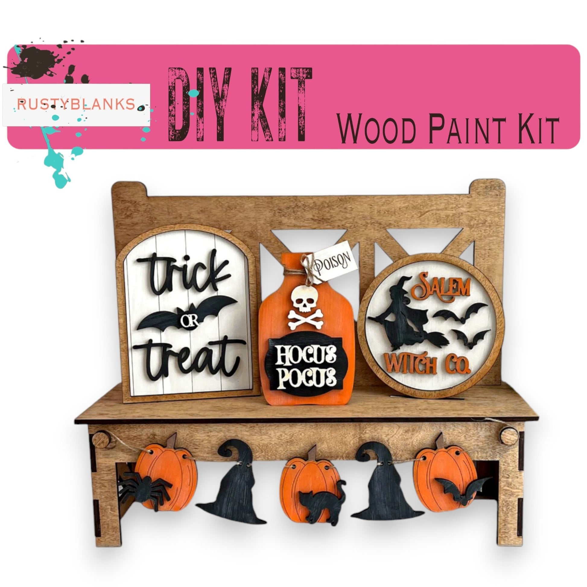 a wooden shelf with halloween decorations on it