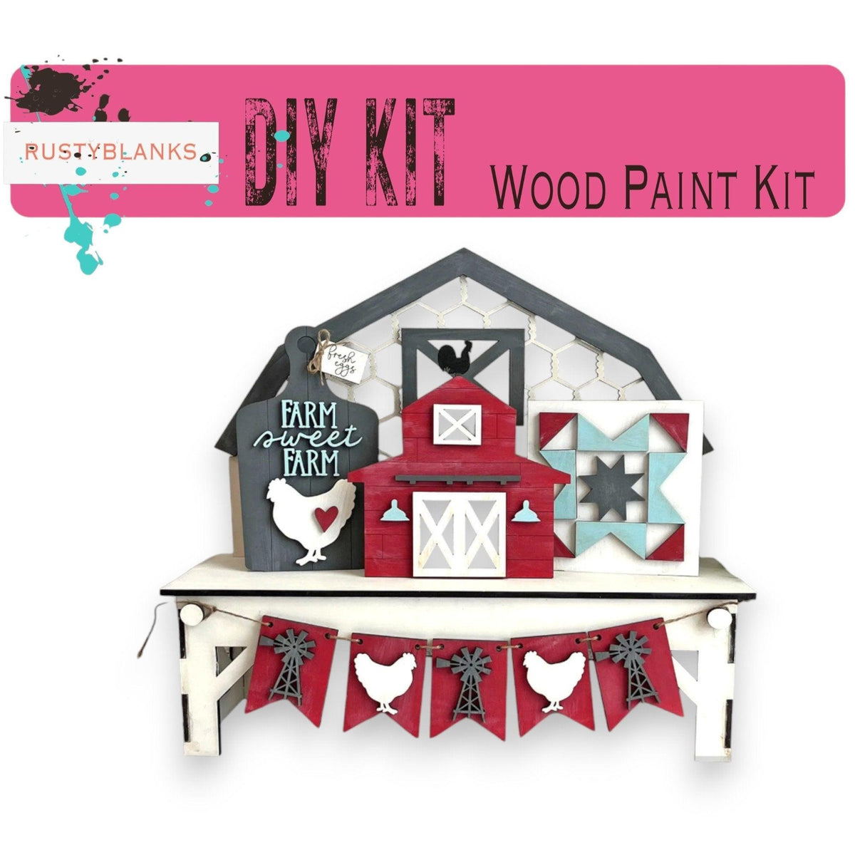 a red and white barn with a red and black banner