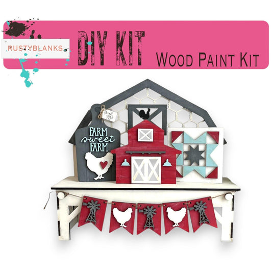 a red and white barn with a red and black banner