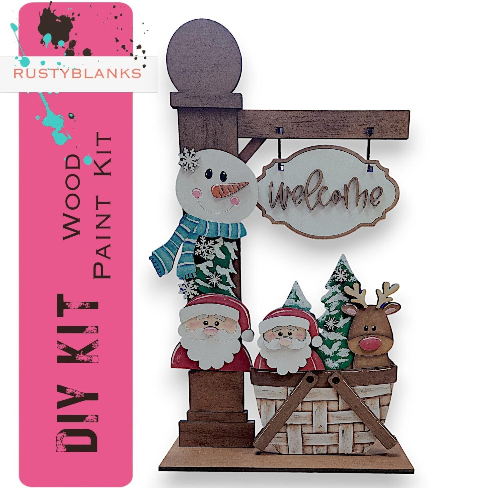 a wooden sign with a snowman and santa clause on it