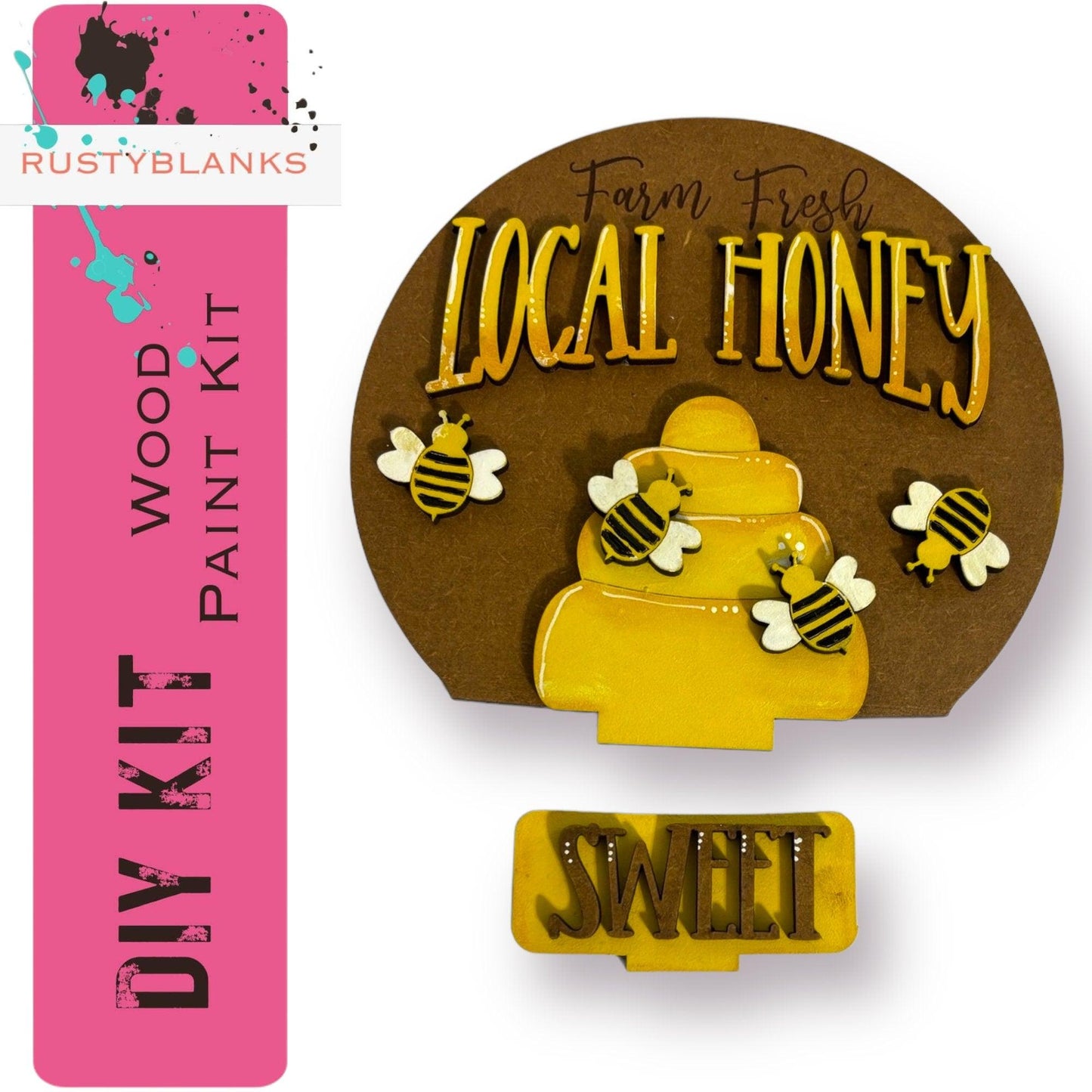 a wooden sign that says local honey with bees on it