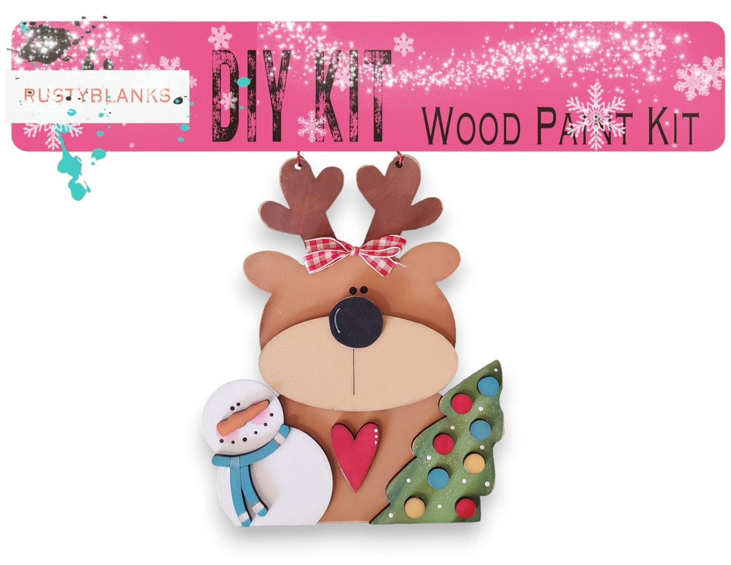 a wooden craft kit with a reindeer and a snowman