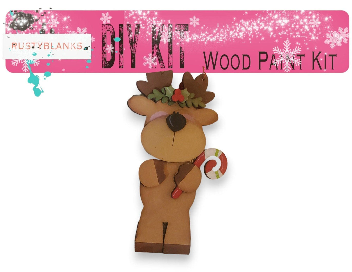 a wooden craft kit of a reindeer holding a candy cane