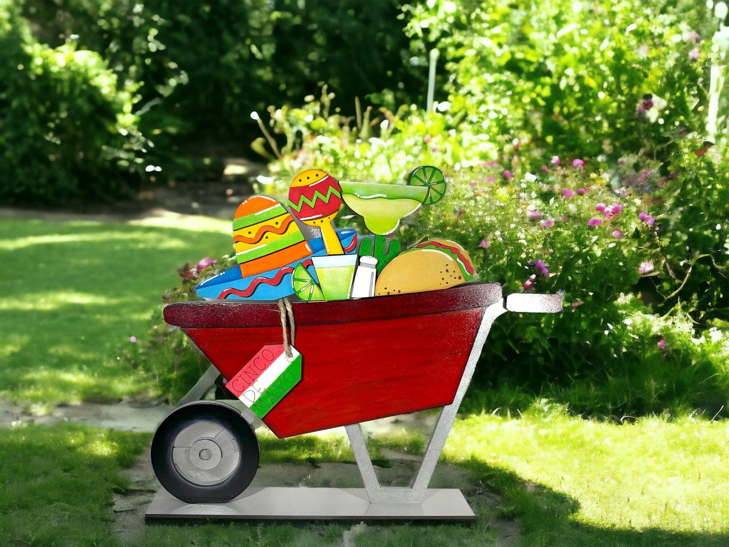 a red wheelbarrow filled with assorted items