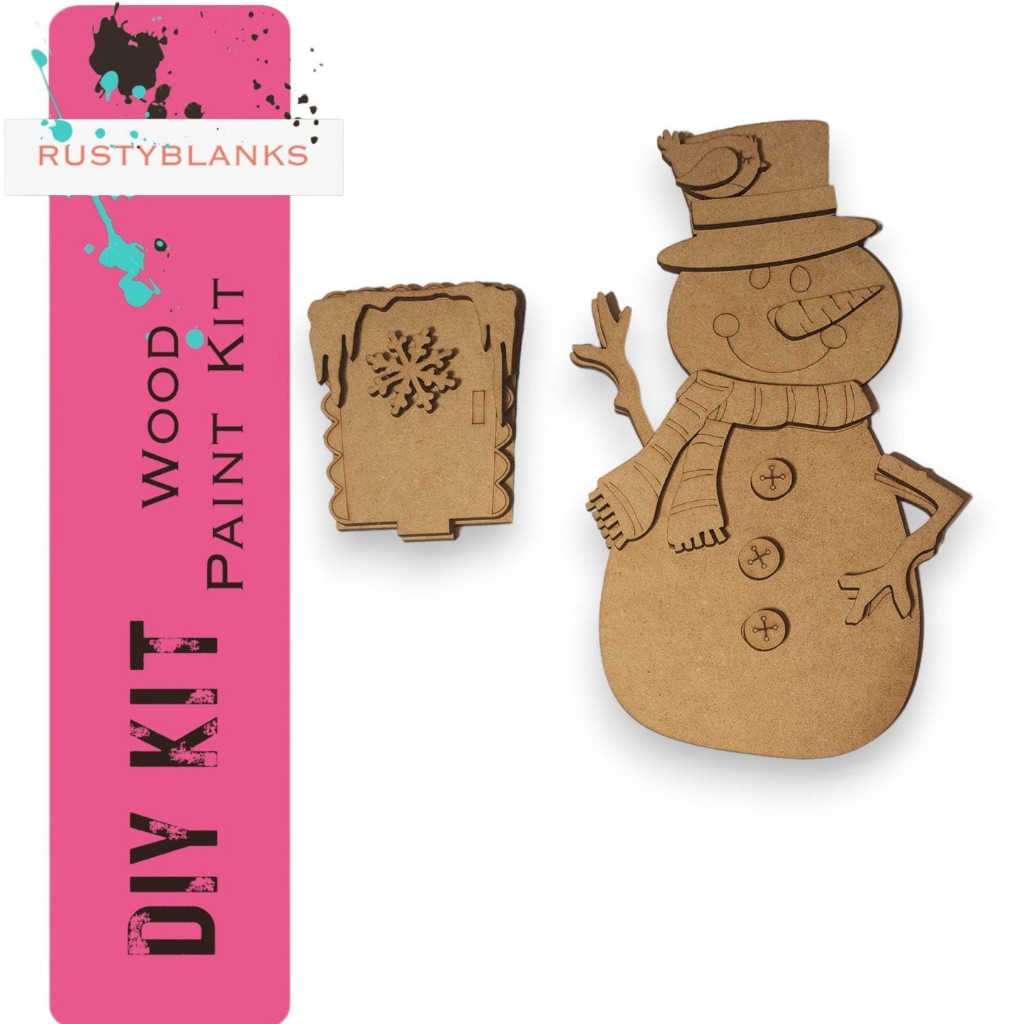 a picture of a wooden snowman with a pink background