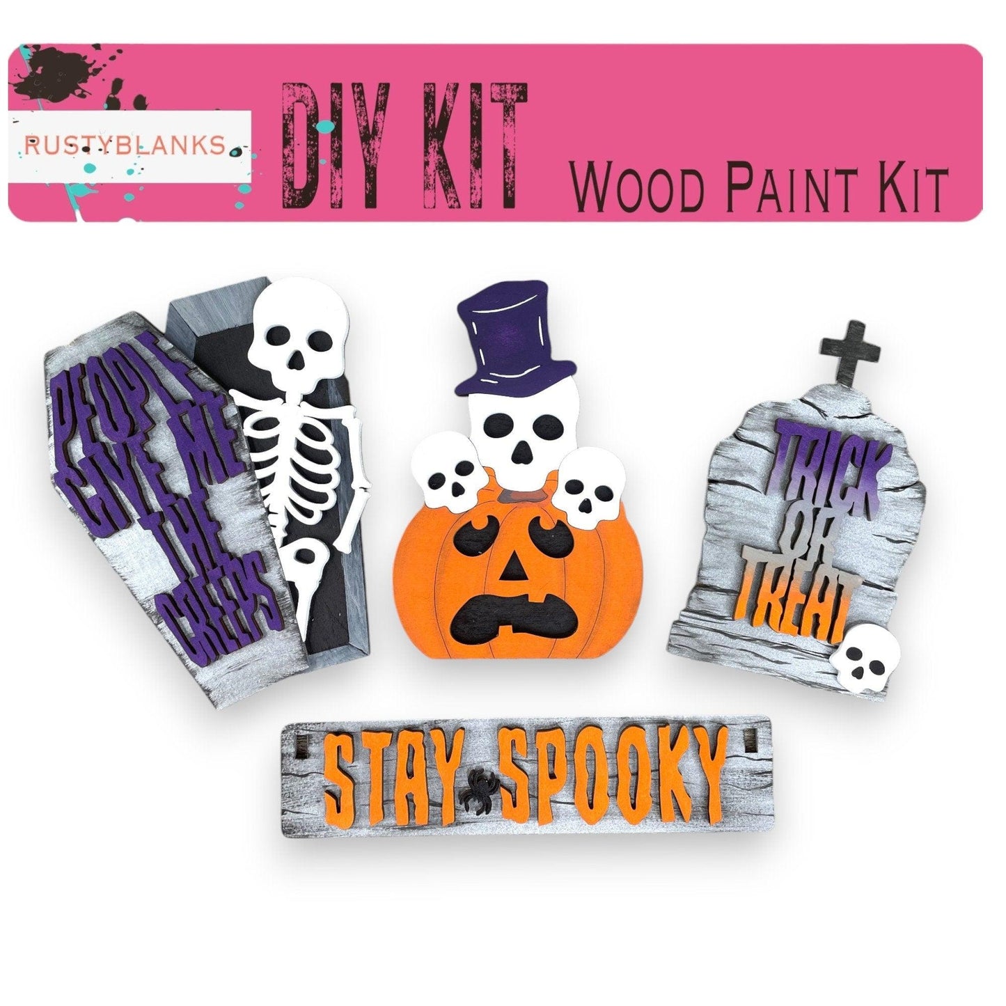 a wooden paint kit with halloween decorations