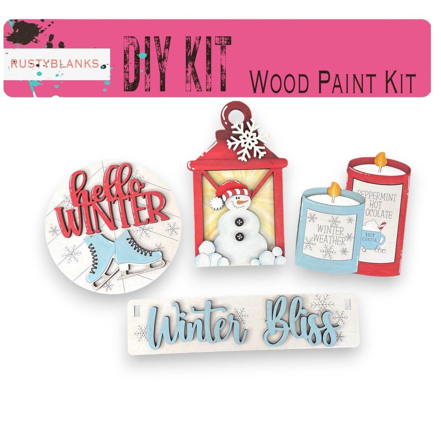 a wooden paint kit with a snowman and a lantern