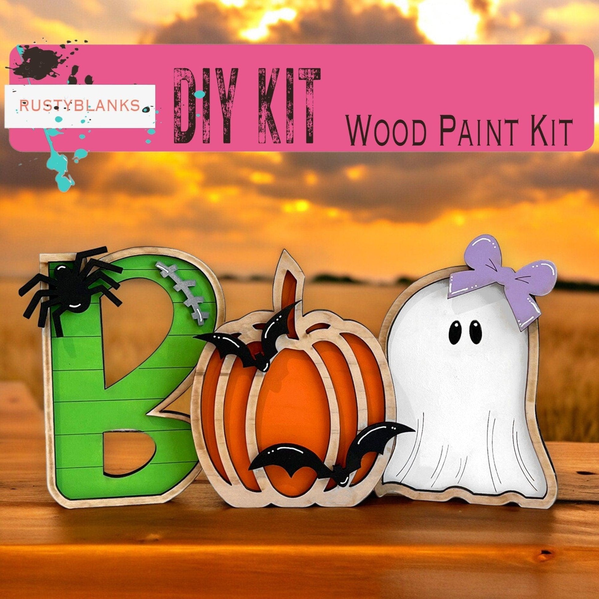 a wooden craft kit with a ghost and a pumpkin