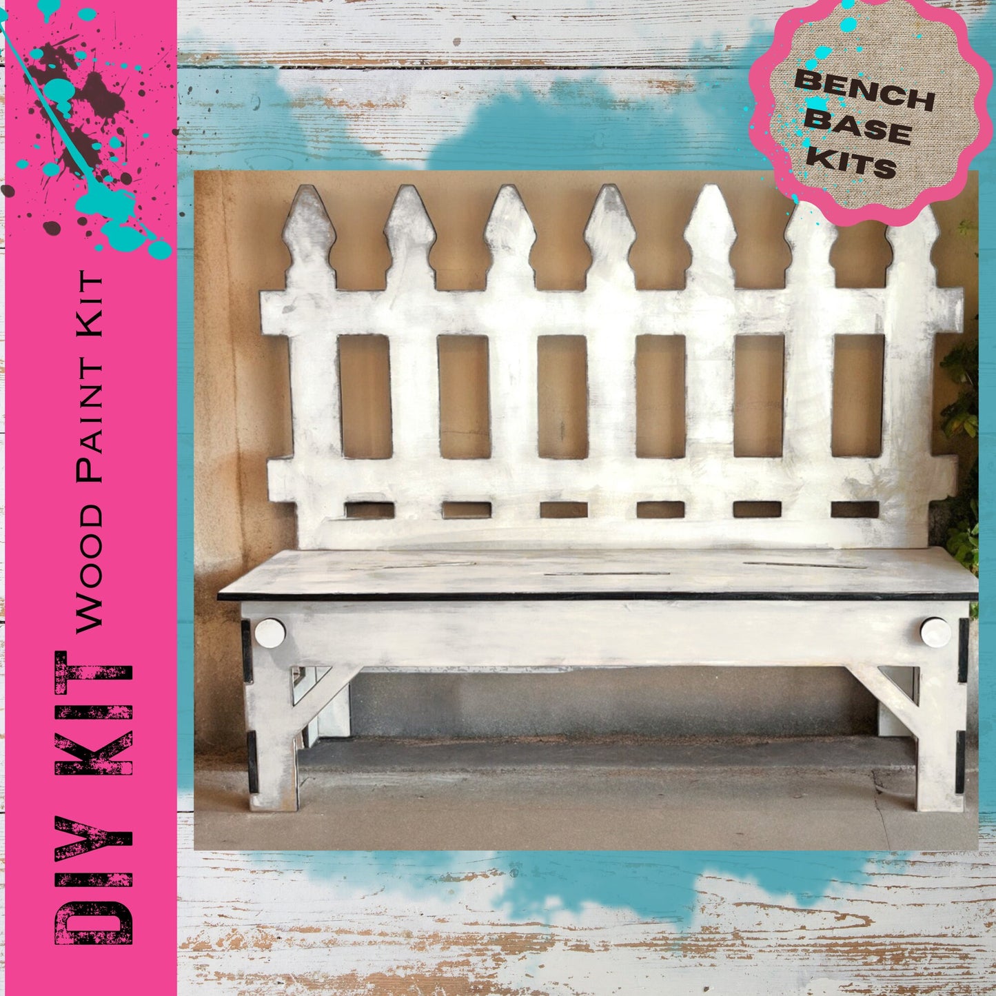 a white bench with a pink border around it