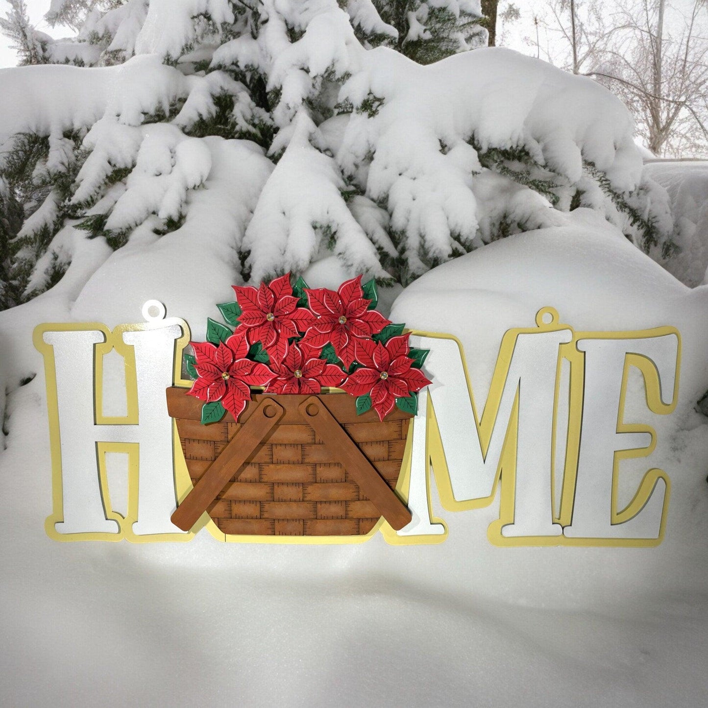 a sign that says home with a basket of poinsettis