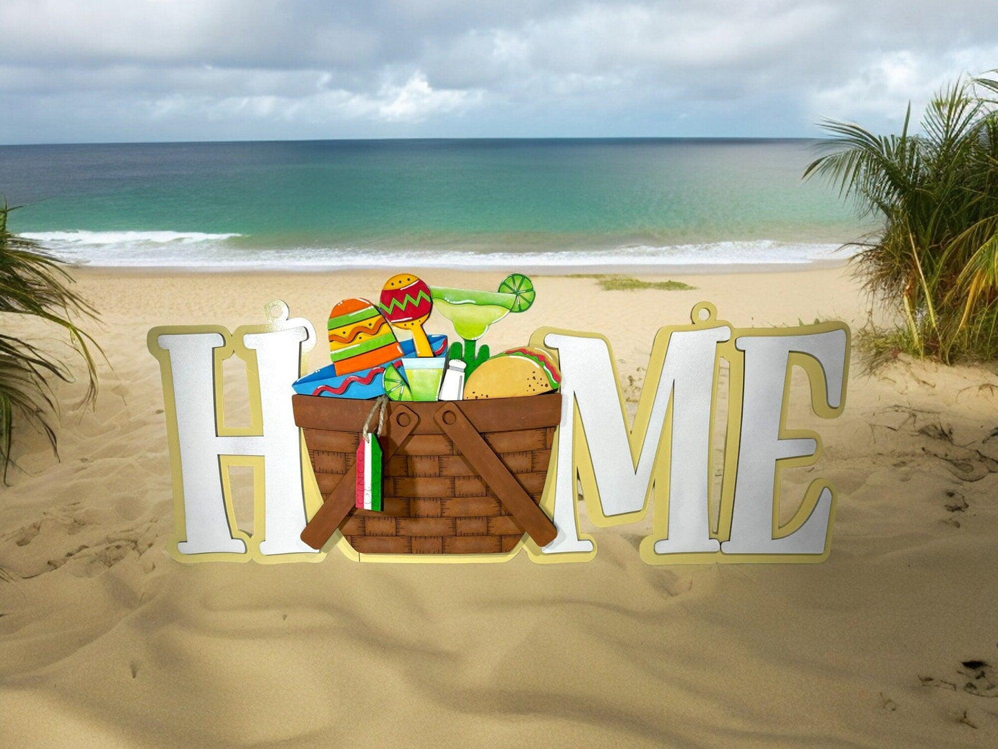 a sign that says home on a beach