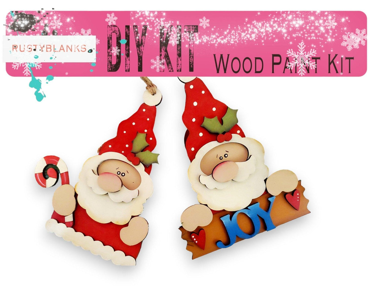 a pair of wooden santa claus ornaments hanging from a string