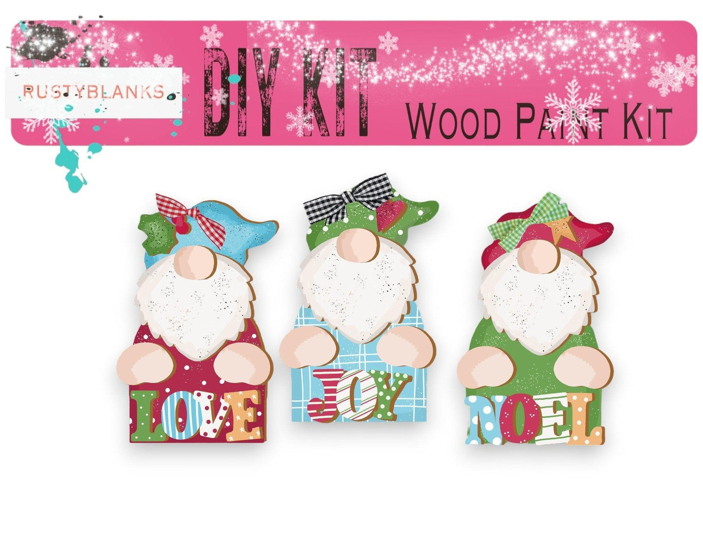 three wooden christmas decorations with a pink background