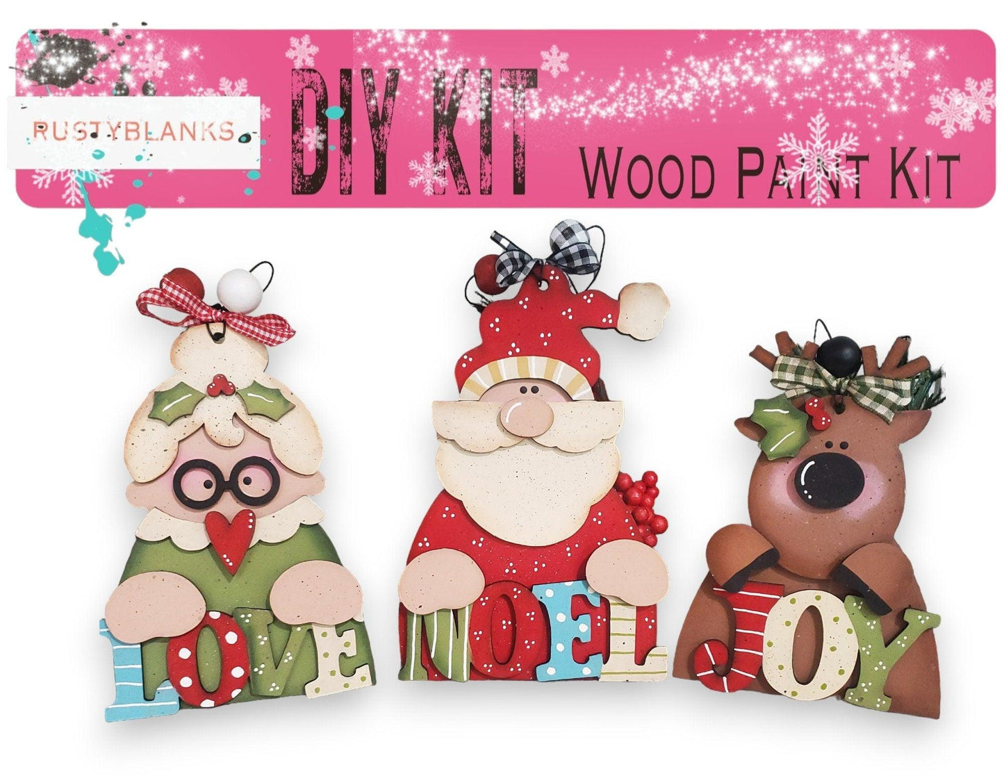 a group of three wooden christmas ornaments sitting next to each other