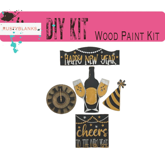 a wooden craft kit with a clock and some decorations