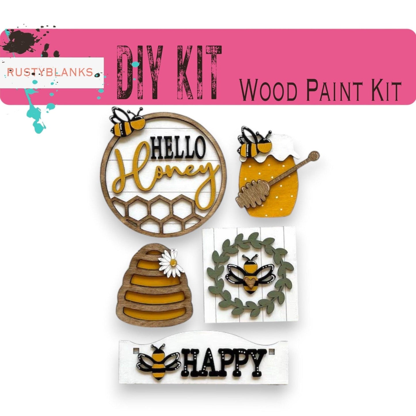 a picture of a wooden craft kit with a bee theme