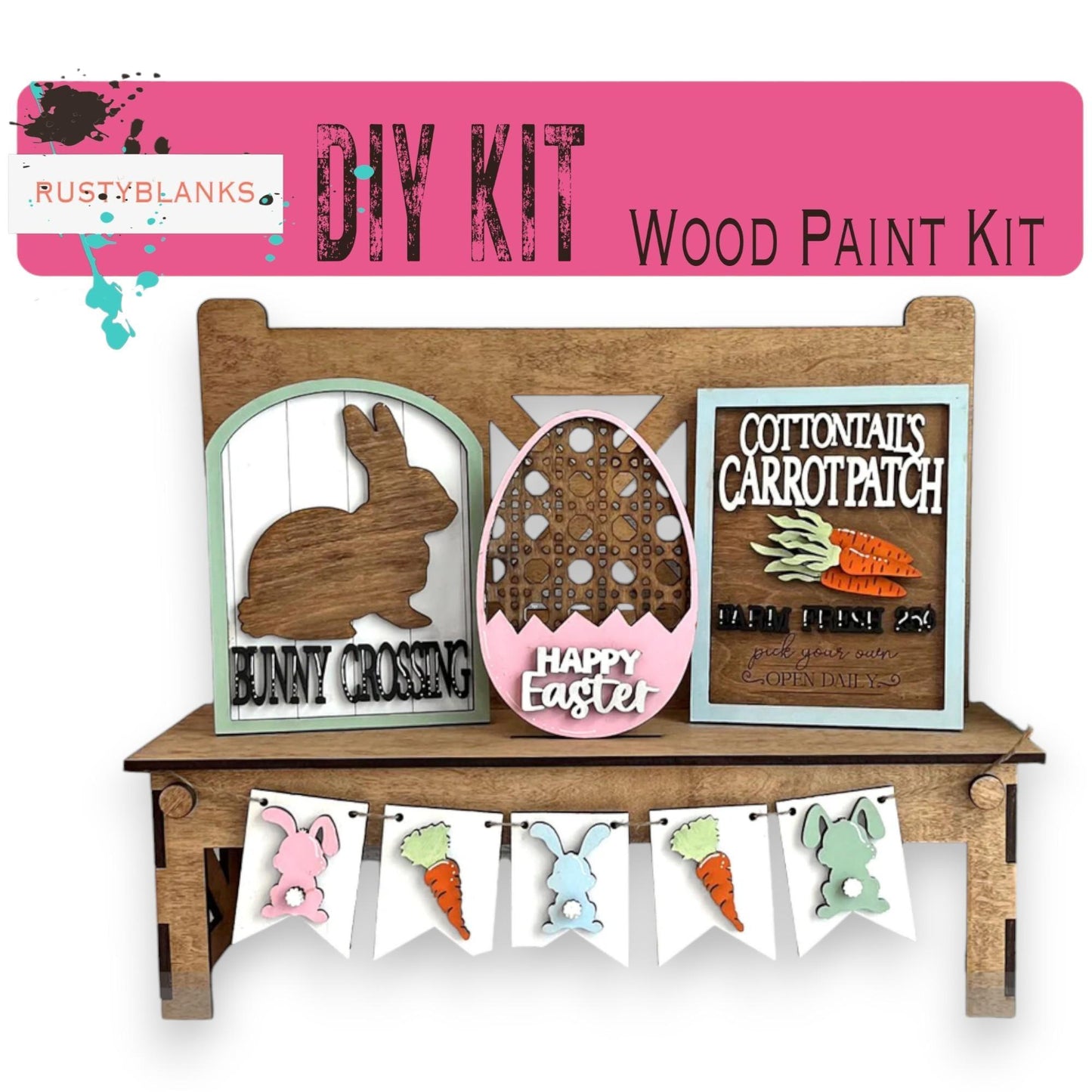 a picture of a wooden paint kit with a bunny and carrot